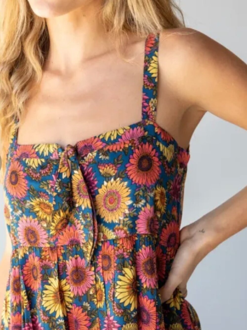 Natural Life Patti Tie Front Dress Size S Maxi Sunflower Floral Slits Boho NEW - Picture 12 of 12